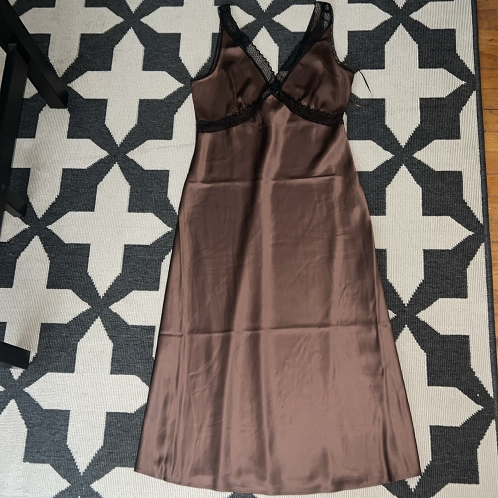 House of Harlow 1960 Brown Satin Black Lace Slip Dress - Picture 3 of 8